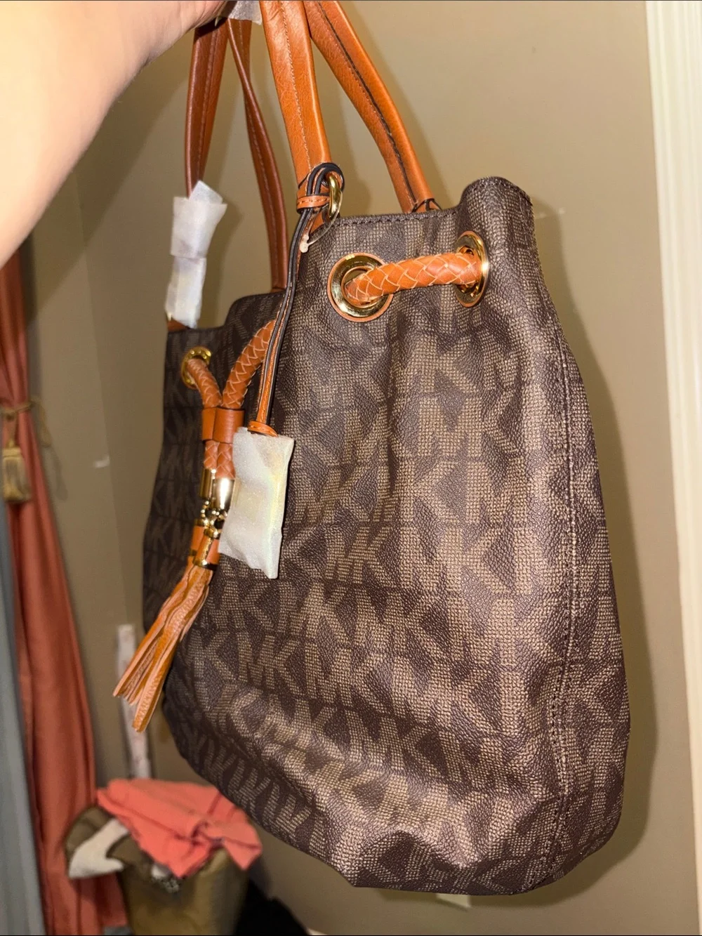 Michael Kors Brown Logo Drawstring Shoulder Bag with Tan Trim